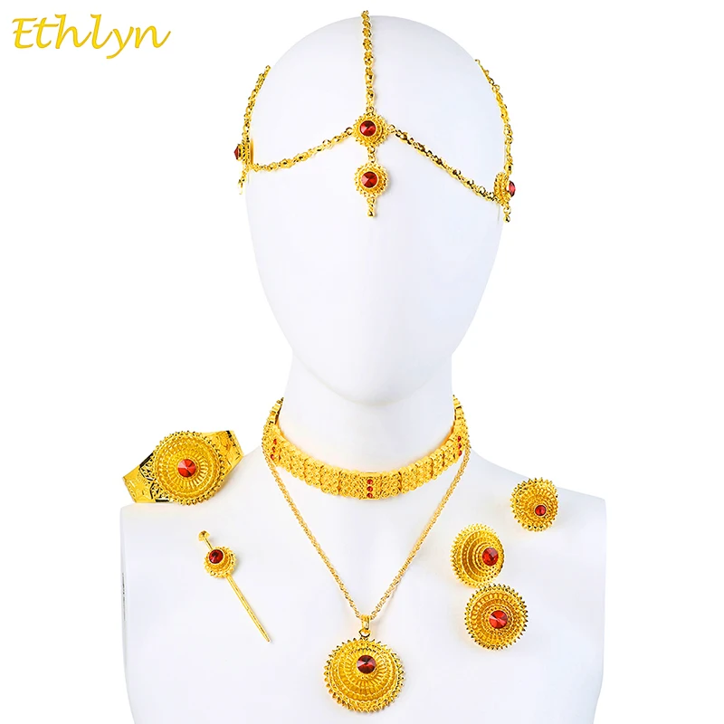 Ethlyn Luxury Ethiopian Eritrean Traditional font b Jewelry b font Choker Sets Gold Color Stone Wedding