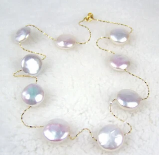 

huij 003400 15 mm Real White Button Coin Pearl 18KGP Link Clasp Necklace