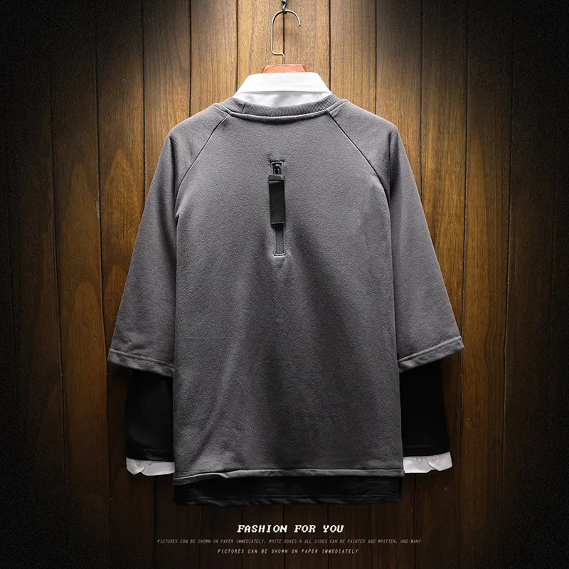 new spring autumn 2018 men o-neck false two piece set hoodies casual Japanese style loose plus size 5XL long sleeves sweatshirts