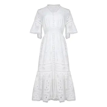 

New clothes for women in Europe and America for the summer of 2019 Flared sleeve v-neck Hollow-out white dress