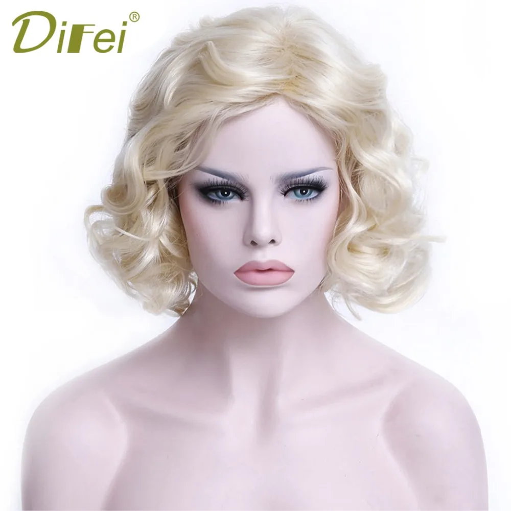 Difei Natural Short Blonde Curly Wigs For Women Fluffy Wavy Synthetic