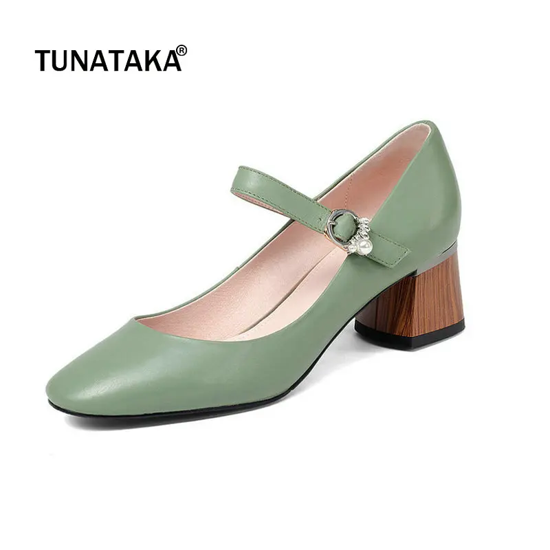 

Genuine Leather Woman Mary Jane Shoes Comfort Square Heel Buckle Dress High Heel Shoes Square Toe Woman Shoes Black Green