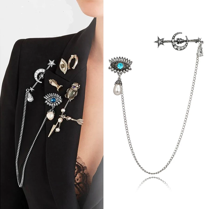 

Devil's Eye Pearl Tears Brooch Retro Star Moon Crystal Scepter Skeleton Personality Shoulder Buckle Pin Ladies Coat Accessories