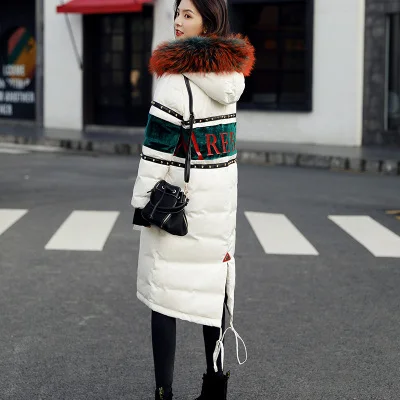 Зимний пуховик, Женская Длинная Верхняя одежда, большой размер, цветной меховой воротник, теплое утолщенное пальто, высокое качество, белый утиный пух, куртка D845 - Цвет: white