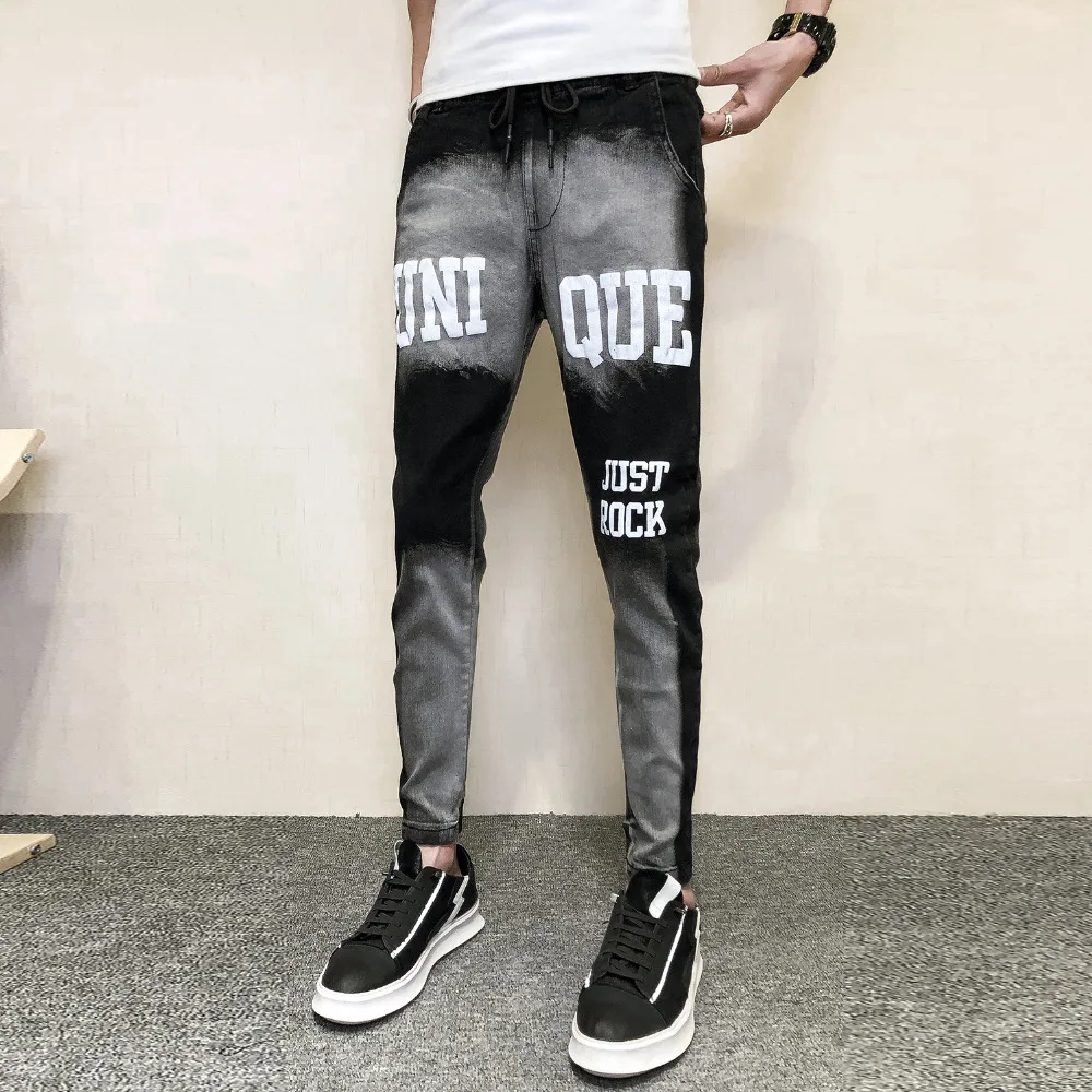 quality men slim fit jeans spring 2019 all match denim pants men streetwear letter jeans men casual hip hop trousers men