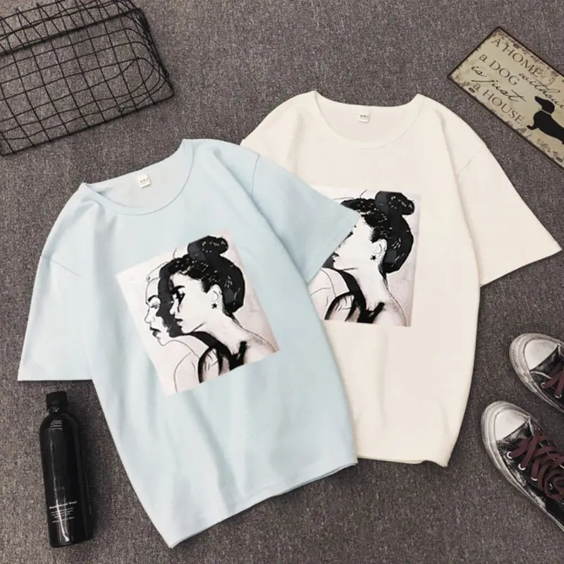 

Women Girls Summer Tops Oversized Loose Pullover Tops Hip Hop Lady Portraits Printed Ulzzang Half Sleeve T-Shirt Round Neckline