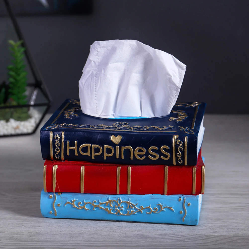 

Rectangular Paper Cover Book Shape Tissue Box Holder Decorative Home Bedroom Dispenser Napkin Retro Style Resin Living Room
