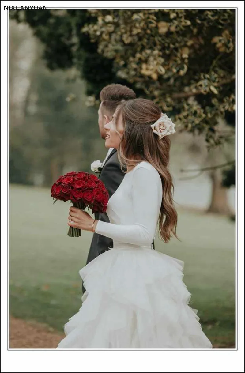2019 Новый Dersign с длинным рукавом свадебное платье Сексуальная спинки Vestido De Noiva Тюль Многоуровневое суд пышное свадебное платье со шлейфом