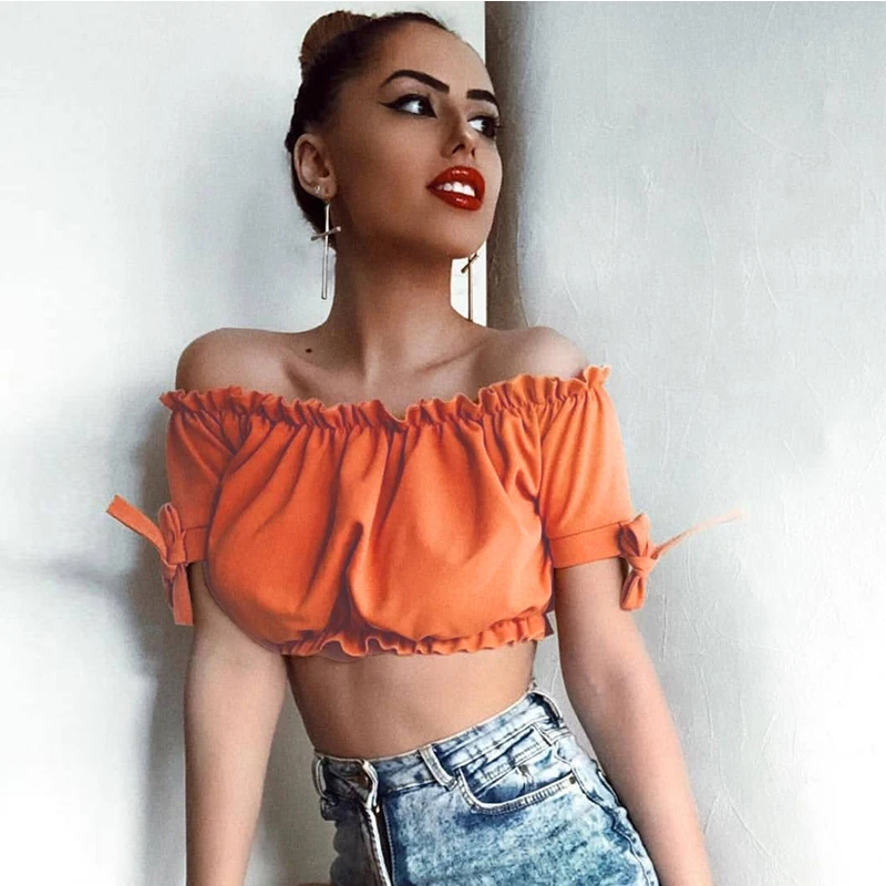 

2019 Summer Sexy Crop Tops Slash Neck Short Shirt Women Tops And Blouses Plus Size Solid Bowknot Blusas Female Black Orange Red