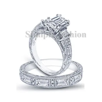 

Fashion Jewelry Antique Jewelry Princess cut 3ct AAAAA zircon cz 925 Sterling silver Women Engagement Wedding Band Ring set
