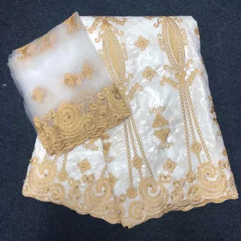 

White african bazin riche getzner gold line 5 yards and tulle lace 2 yards tulle lace fabric high quality with beads ly1-48