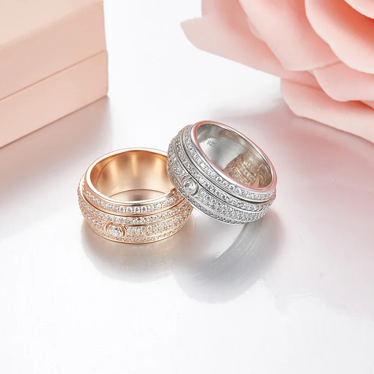

ZOZIRI 925 sterling circle full drill rotate rings for women fashion cubic zirconia spinning rings delicate Famous brand jewelry
