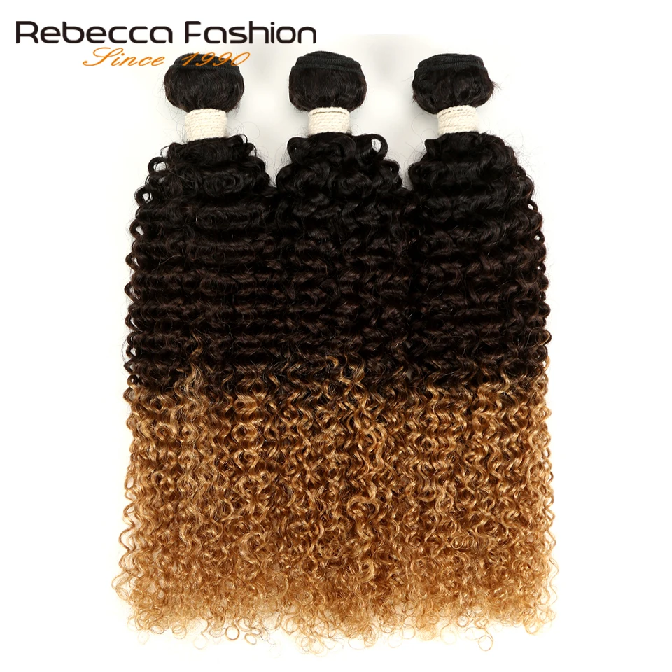 

Rebecca 3/4 Pcs Ombre Brazilian Kinky Curly Hair Bundles Non Remy Three Tone Human Hair Bundles Deals Color 1B/4/27# 1B/4/30#