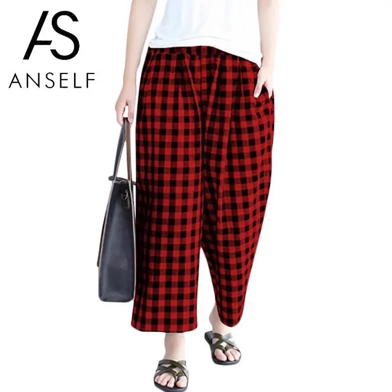 Anself Extra Large Plus Size Womens Pants Elegant Woman Loose Plaid