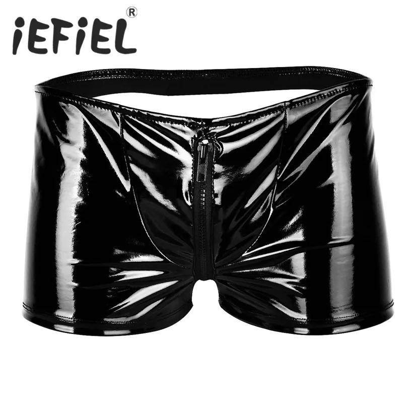 

New Arrival Black Mens Lingerie Shiny Metallic Patent Leather Zipper Bulge Pouch Open Butt Boxer Shorts for Lingerie Night