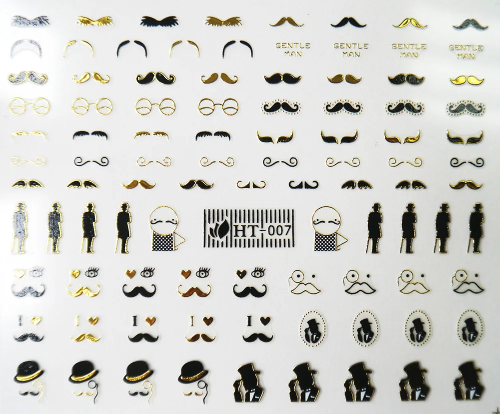 

GOLD SILVER SELF ADHESIVE 3D NAIL ART STICKER TATTOO STARS CHAIN MUSTACHE GLASSES LETTER ALPHABET HT007-012