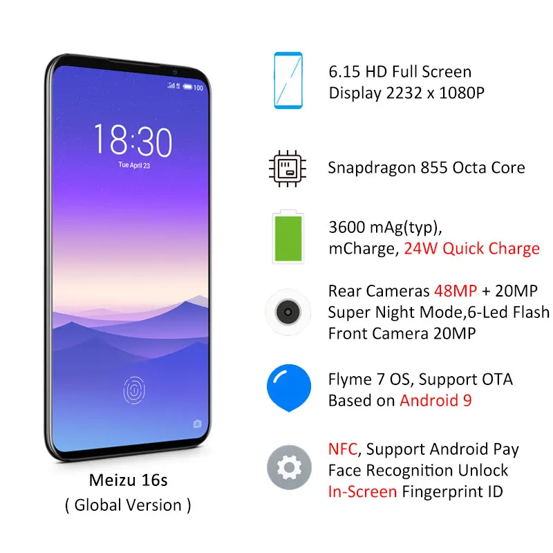 Meizu 16 s, глобальная версия, Meizu16s, 128 ГБ, Смартфон Snapdragon 855, камера 48 МП, NFC, Android Pay, мобильный телефон, 24 Вт, быстрая зарядка