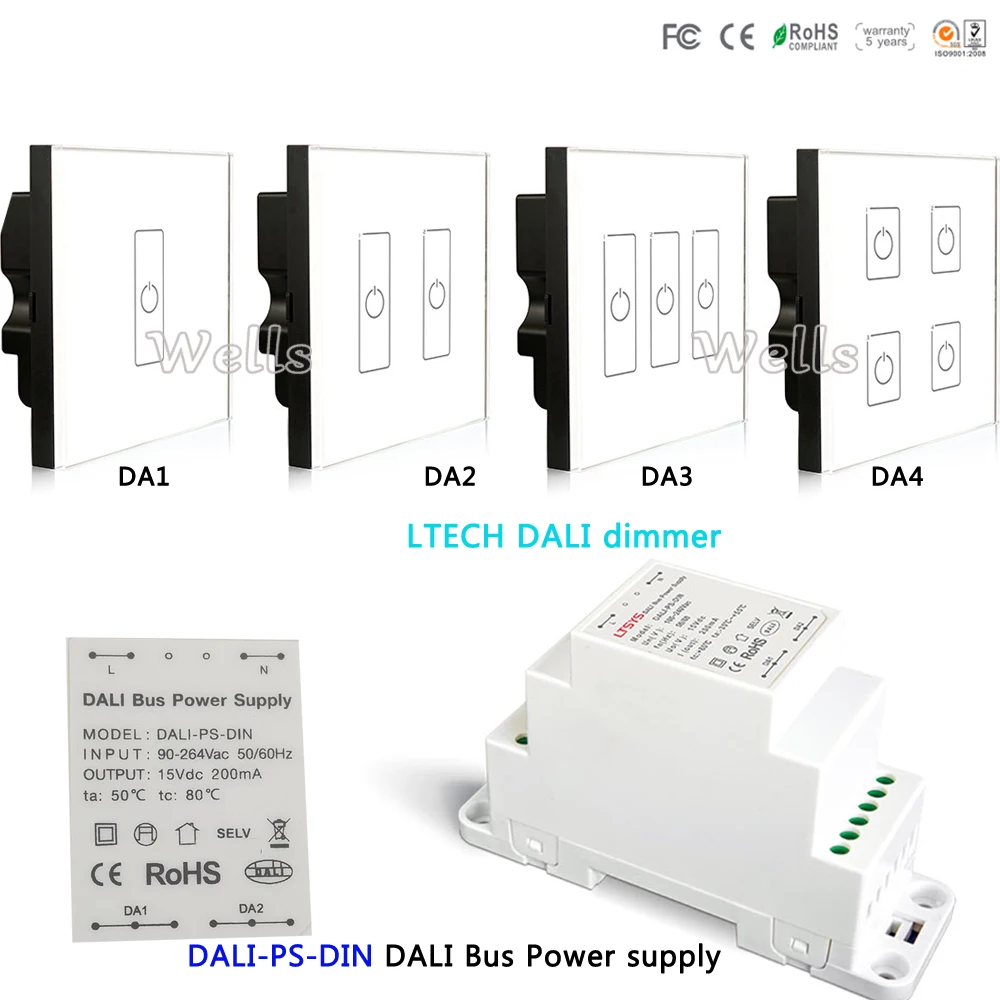 

LTECH DA1 DA2 DA3 DA4 DALI Touch Panel Switch led Dimmer;DALI-PS-DIN DALI Bus Power supply Dimming Driver for LED Lamps