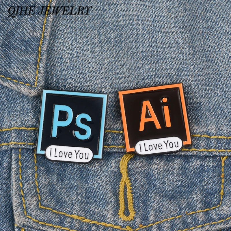 

QIHE JEWELRY Illustrator Photoshop Pins I Love You Brooch Toolbar Lapel Pin AI PS Enamel Pins Brooches for Designers and Artists