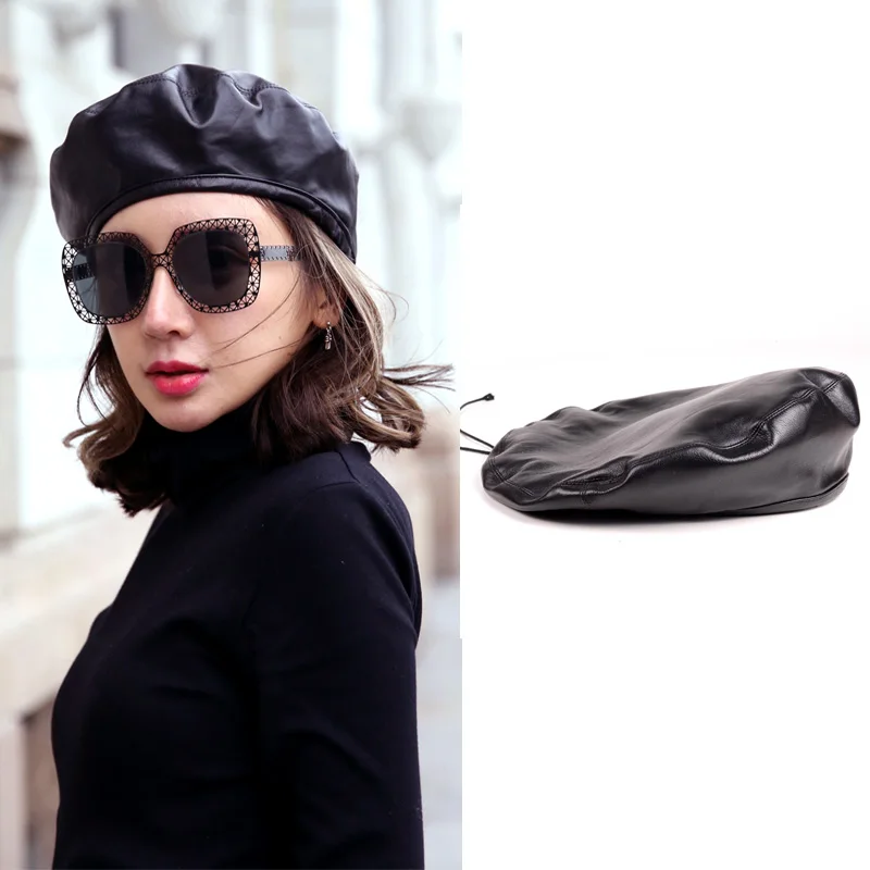 

Women's Ladies 100% Genuine Leather Sheep Skin Lambskin Beret Round Cap Military Style Army Hats/Caps one size