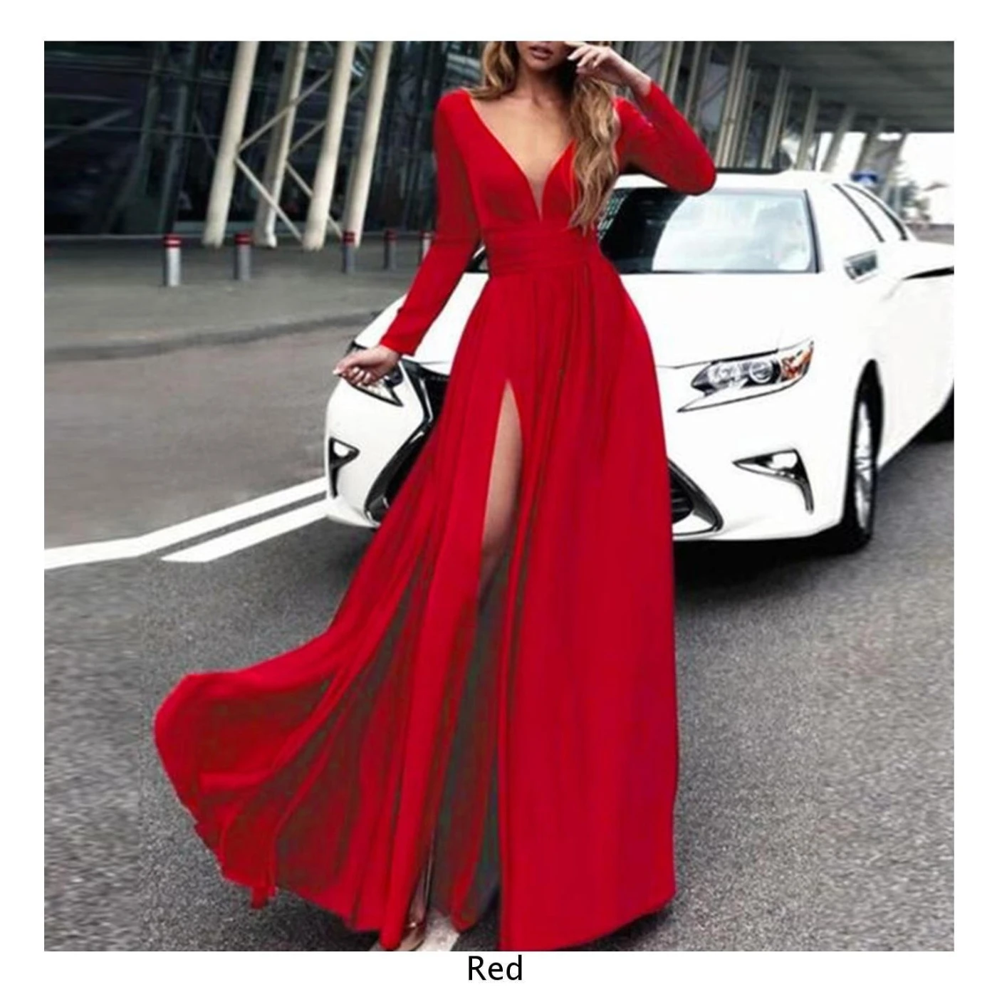 Lady Dress Low Cut Long Sleeve Red High 