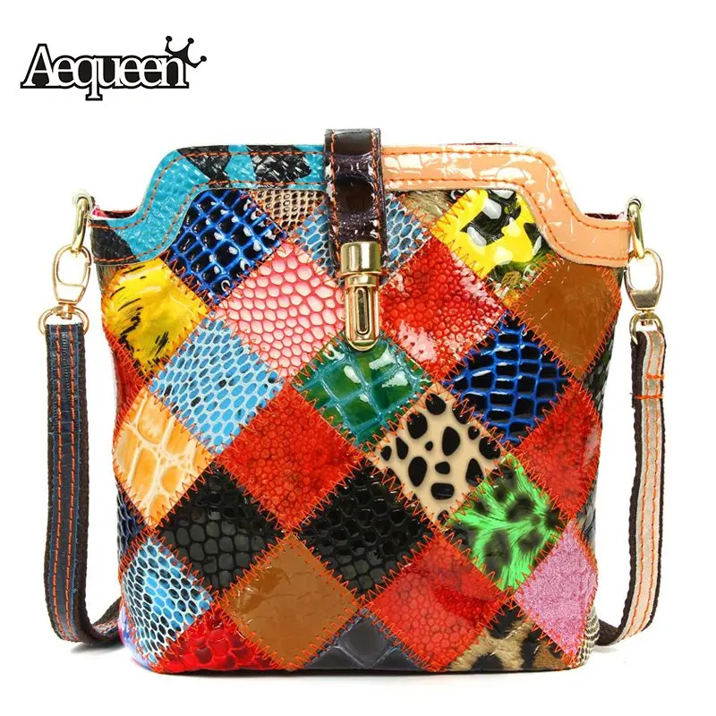 

AEQUEEN Women Crossbody Messenger Bags Genuine Leather Patchwork Sheepskin Casual Female Shell Shoulder Bags Random Color