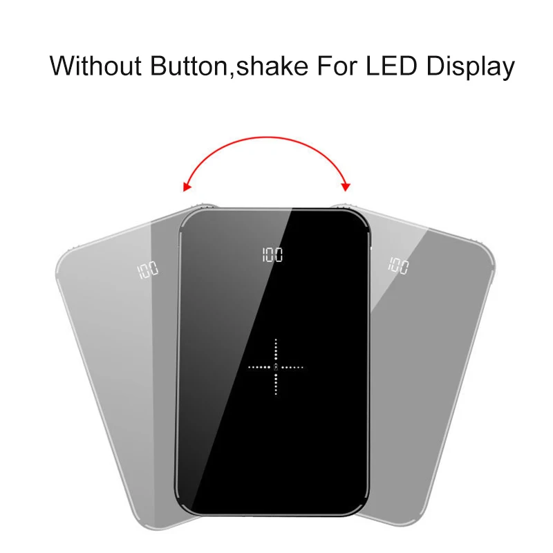 8000 мАч портативное зарядное устройство с зеркальным экраном Qi, беспроводное зарядное устройство, двойной выходной кабель, внутренний внешний аккумулятор для телефона