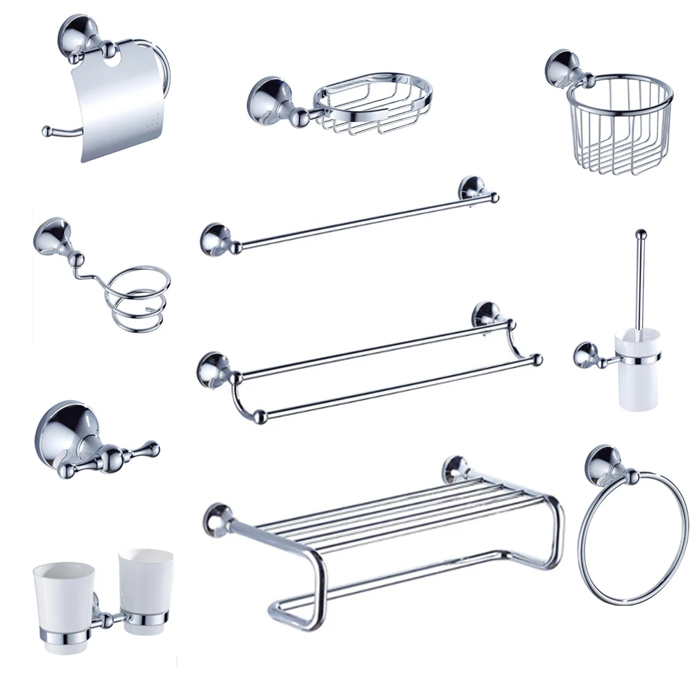

chrome finish polished bathroom hardware set wall mounted round base towel rack toilet paper holder robe hook bathroom shelf AU8