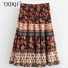 TXJRH винтажная Женская расцветка черный цветочный принт богемный А-силуэт Юбка со шнуровкой и бантом эластичная талия качели Плиссированная Юбка Femme