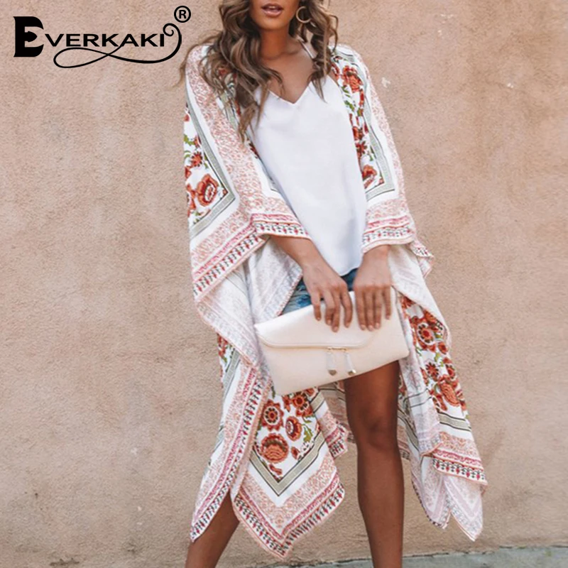 

Everkaki Chiffon Boho Floral Print Kimono Cardigan Women Plus Size Coats Loose Long Bohemian Kimono Female 2019 Summer Autumn