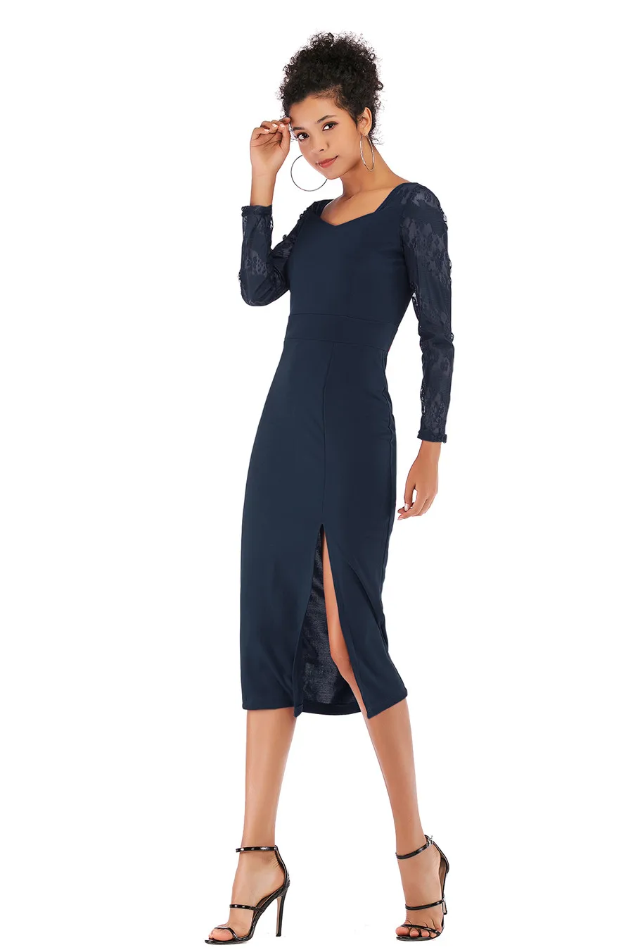 Gladiolus Sexy New Summer Dress Women 2019 Long Sleeve V Neck Slim Lace Patchwork Midi Women Office Dress Ladies Pencil Dresses (10)