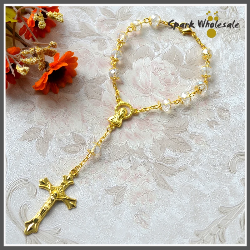 

25pcs/lot Catholic Baby's Baptism Favors Gold Capped Transparent Glass Beads Rosary Bracelet Virgin Cross Mini Decade Rosary