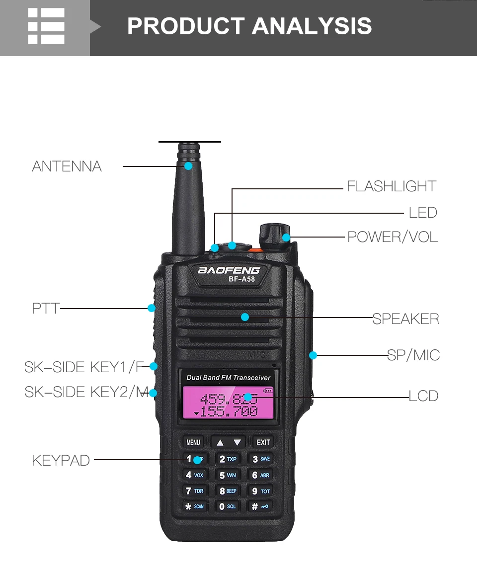 Baofeng BF-A58 портативная рация 10 км UHF VHF IP67 Морская водонепроницаемая двухсторонняя радиостанция приемопередатчик Ham Радио Baofeng A58