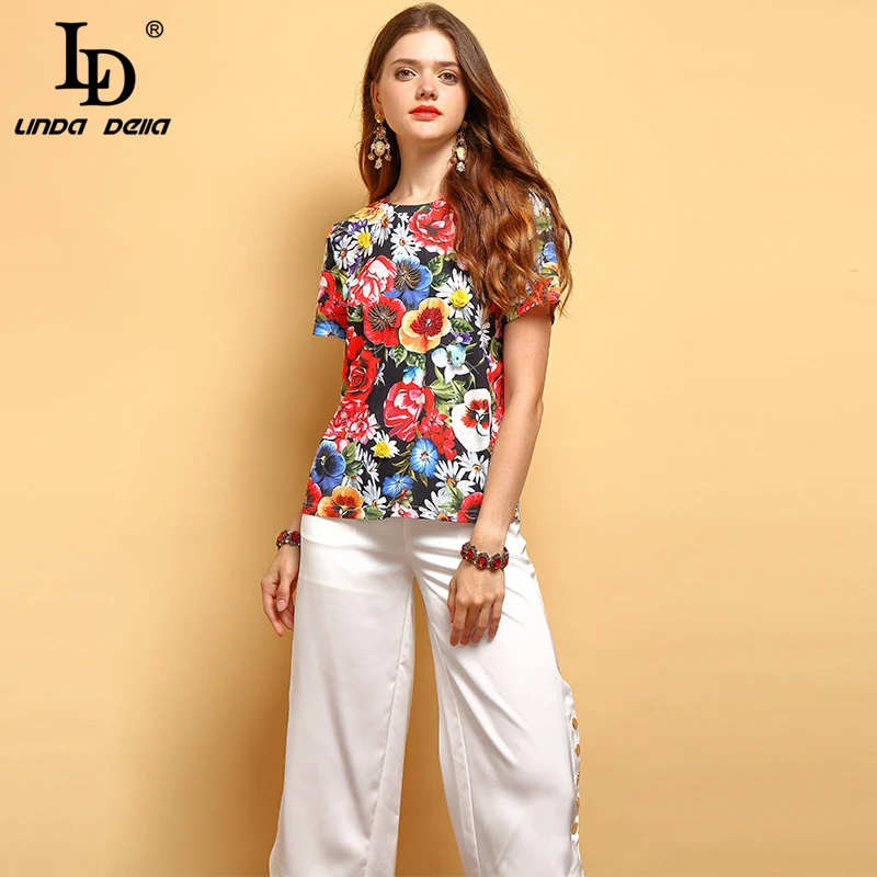 

LD LINDA DELLA Fashion Runway Summer Casual T-Shirt Women's Short Sleeve Gorgeous Beading Floral Print Holiday Party T-Shirt
