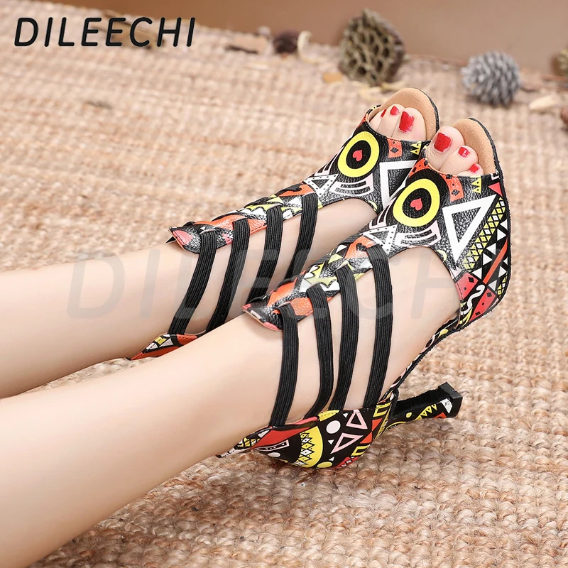 Dance Shoes DILEECHI Featured print Dance Shoes For Women Latin Salsa Dance Boots Paty Ballroom Shoes Women cuban heel 9CM