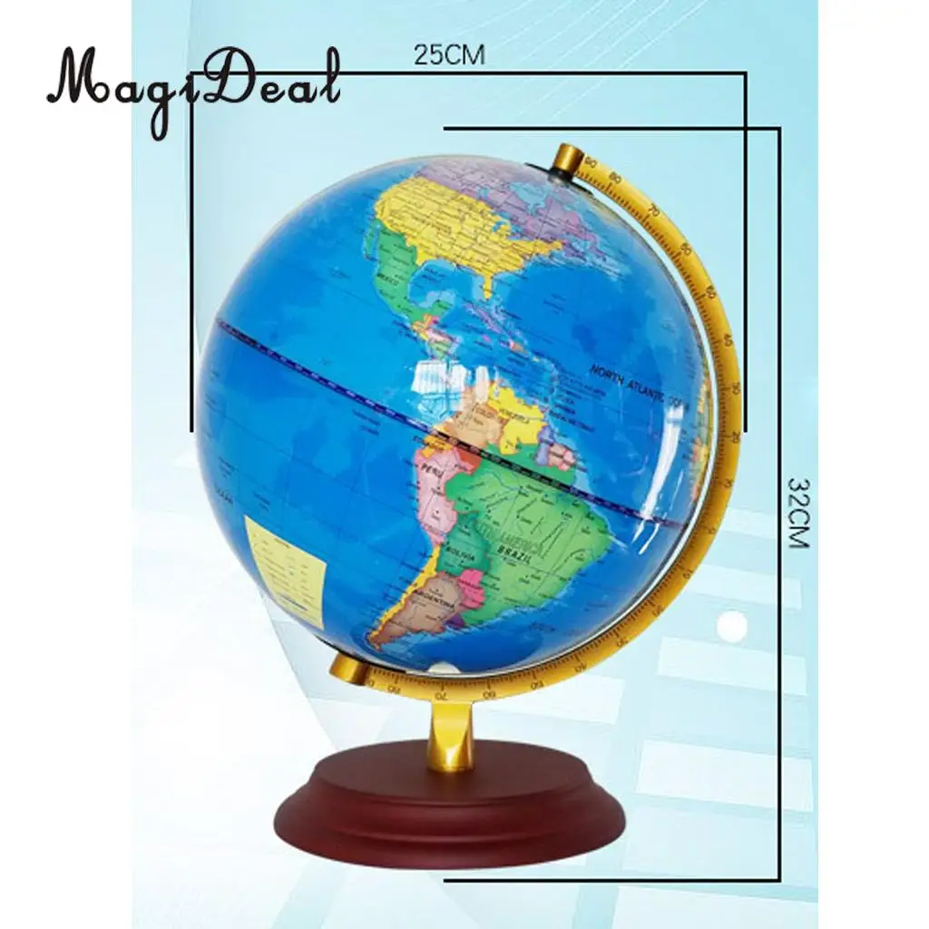 MagiDeal Vintage 23cm Light Up Wooden Base Metal Stand Geographical World Globe Map Home School Office Decor Ornaments Blue