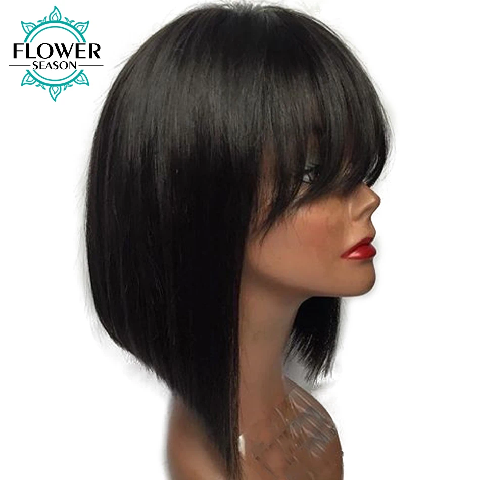

13x6 Short Bob Wig With Bangs Lace Front Human Hair Wigs Brazilian Remy Hair Natural Hair Color Bleached Knots FlowerSeason