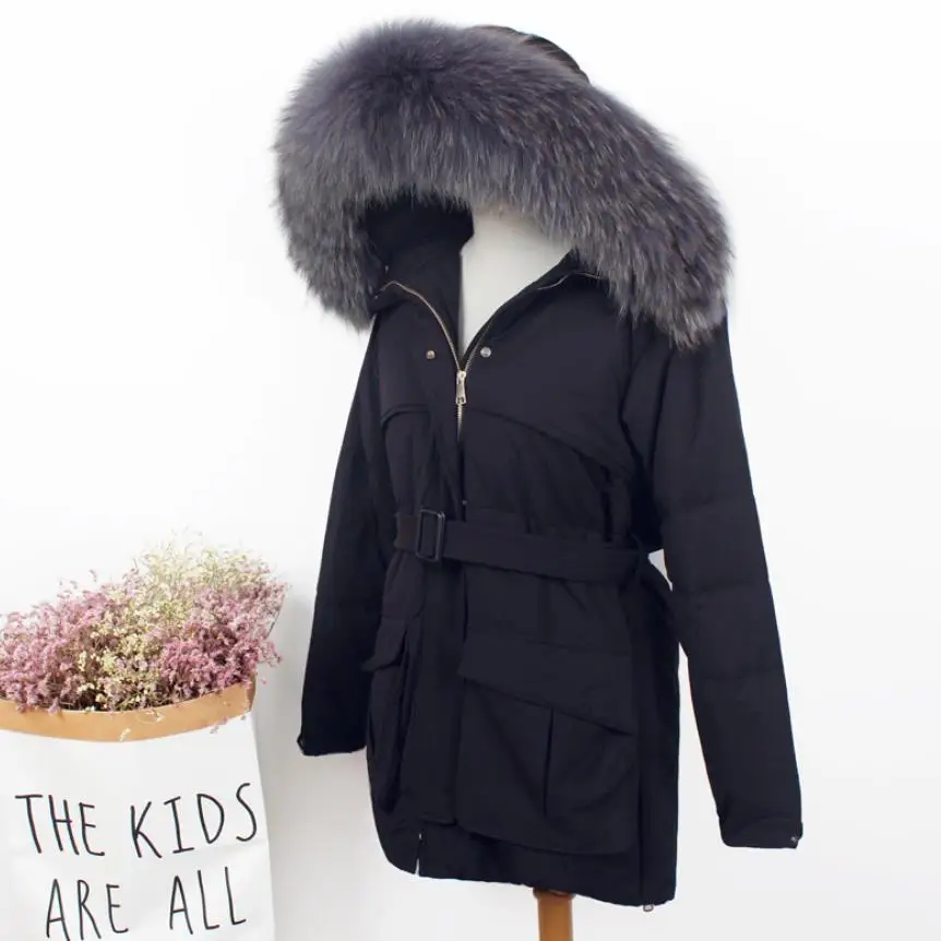 black and gray fur S-XL, плюс размер, Новое поступление, большой натуральный меховой воротник, с капюшоном, белый утиный пух, пальто для женщин, зима, большой карман, толстый, длинный, теплый пуховик - Цвет: black and gray fur