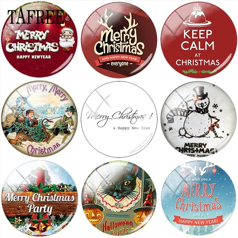 

TAFREE Merry Christmas And Happy New Year 25mm DIY Round Photo Glass Cabochon Demo Flat Back Making Findings