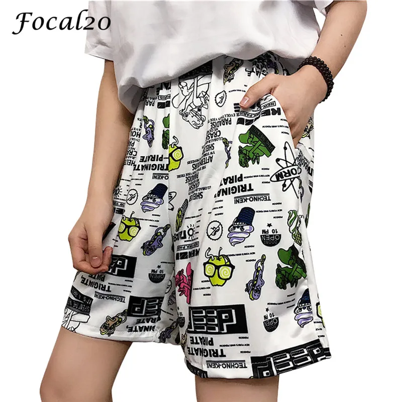 

Focal20 Streetwear Cartoon Letter Women Shorts Elastic High Waist Knee Length Casual Loose Sporting Shorts