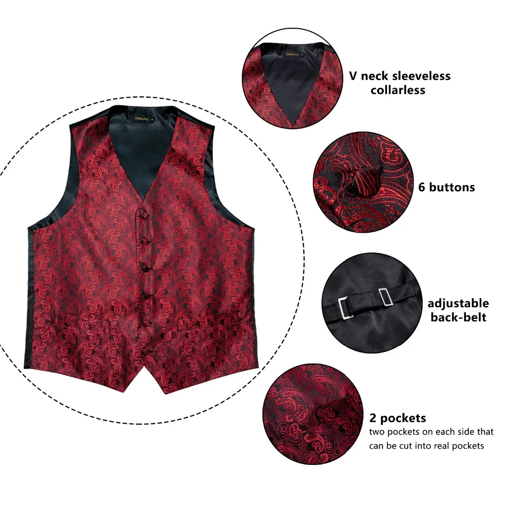 DiBanGu Red Black Paisley Fashion Wedding Men 100%Silk Waistcoat Vest Ties Hanky Cufflinks Cravat Set for Suit Tuxedo MJTZ-106