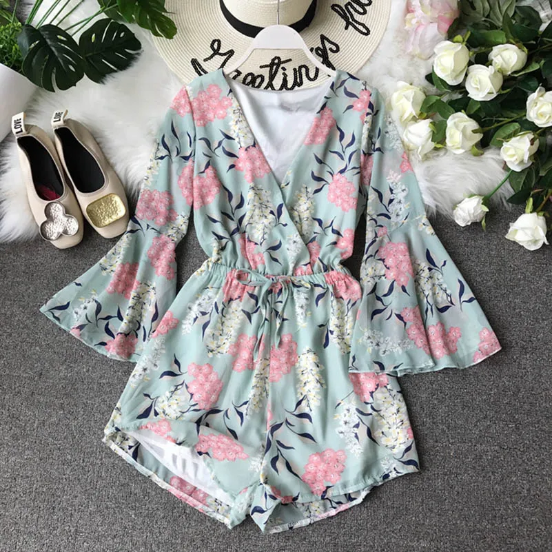 

NiceMix Playsuit Jumpsuits for Women 2019 Printed Flowers Korean New Jumpsuit Female Summer High Waist Thin Chiffon Wide Leg Sho