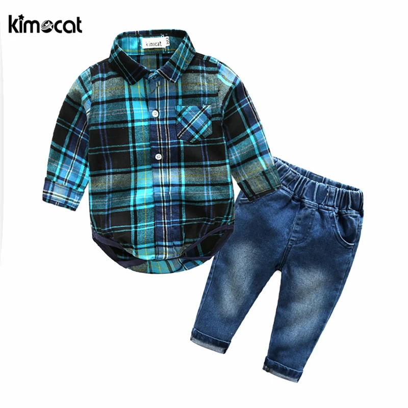 Kimocat Spring and autumn long sleeve baby boy clothes England style shirt + jeans plaid Handsome high quality 2pcs set |