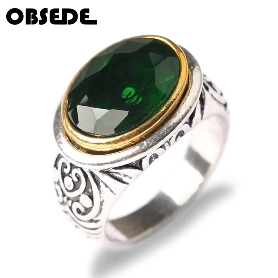

OBSEDE Vintage Natural Oval Green Black Stone Ring for Men Alloy Punk Jewelry Big Crystal Cool Silver Party Jewelry Wholesale