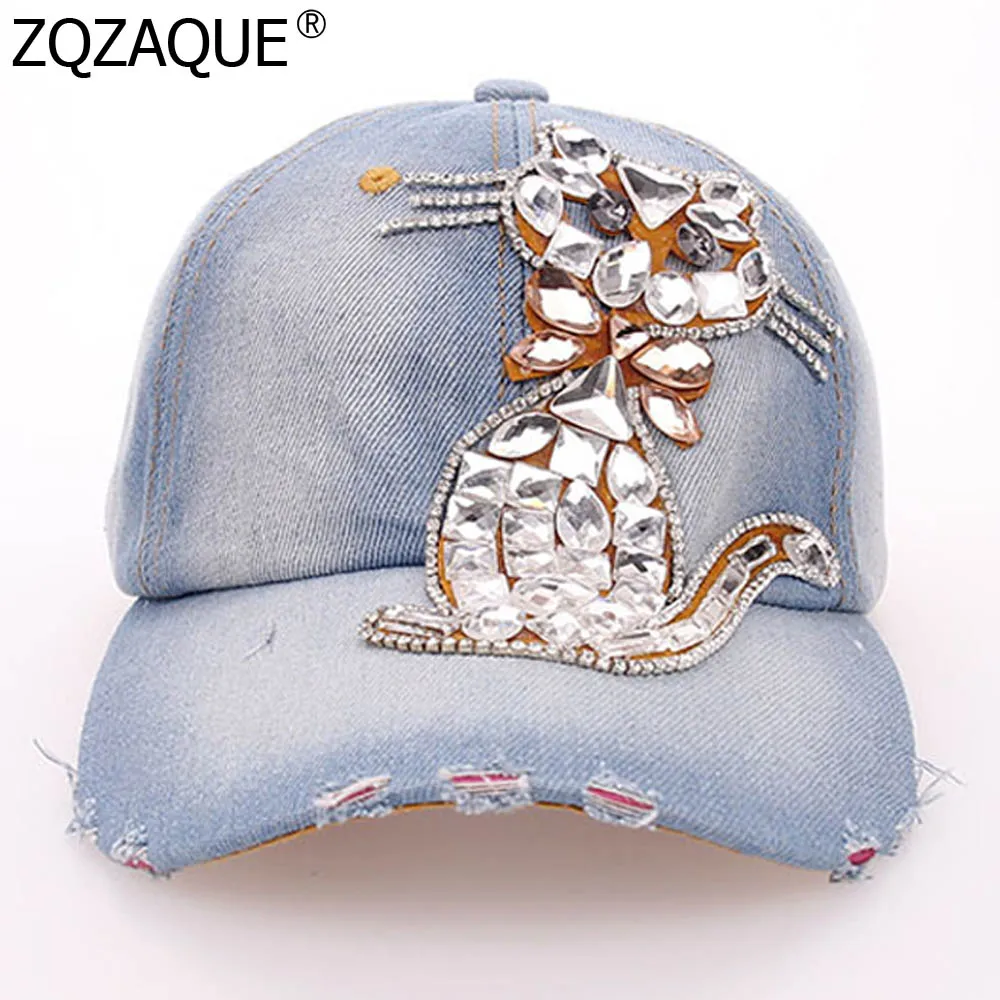 

Luxury Denim Caps with Cat Shape Diamond Crystal Manural Snapback Hip Hop Baseball Caps Exquisite Hats for Women Fashion Gifts