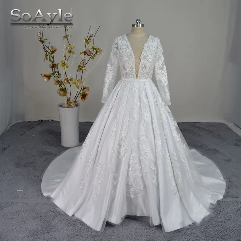 

SoAyle Wedding Dresses Elegant Applique Sequined Full Sleeve V Neck Chapel Train Back Ball Gown Vestido Ve Noiva Beaded