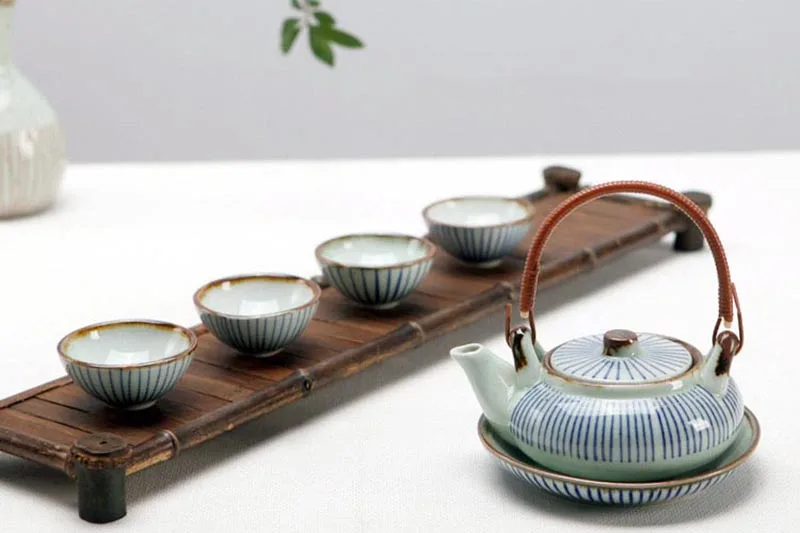 Высокая емкость керамический чайник корейский стиль бамбуковая ручка чайный горшок чайный набор кунг-фу японский ресторан чайник фарфоровая чайная посуда новинка