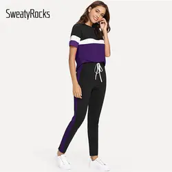 SweatyRocks color-Block Топ и тренировочные брюки с завязками набор одежда для активного отдыха Весна Спортивный костюм Athleisure женский костюм из двух