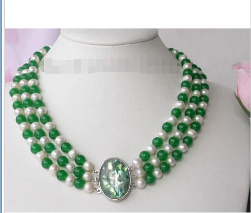 

>>>>>3strands 8mm Green jade white Pearl Necklace Amber cl