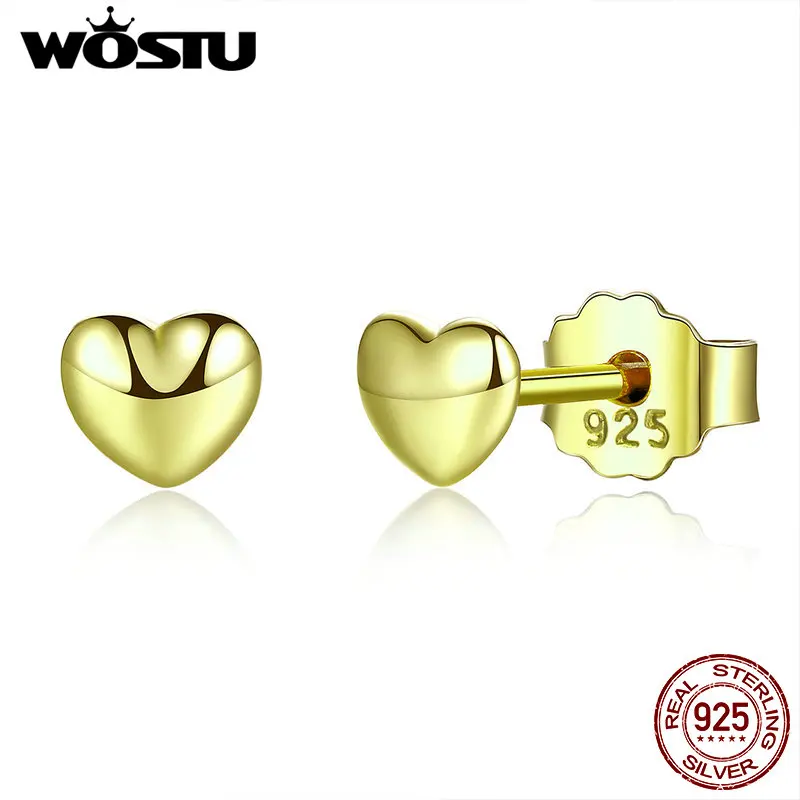 WOSTU,, 925 пробы, серебряные и золотые цвета, сердце, миниатюрные серьги-гвоздики для женщин, серебро,, новые модные серьги, ювелирные изделия